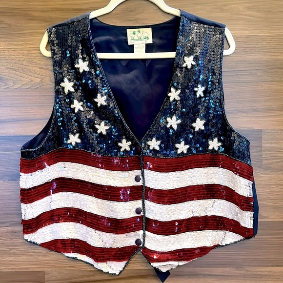 Quacker Factory Sequins Seed Beaded Stars Stripes American Flag Snap Vest L - Picture 1 of 12